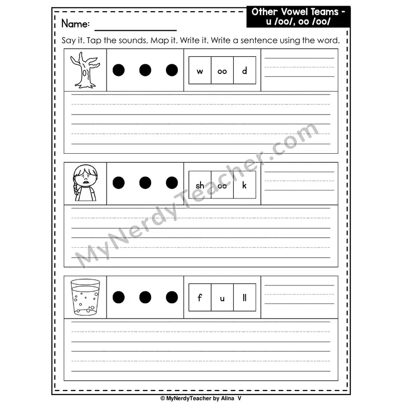 Vowel Team OO (Short Sound) Writing Worksheet — Sound Map and Write a Sentence
