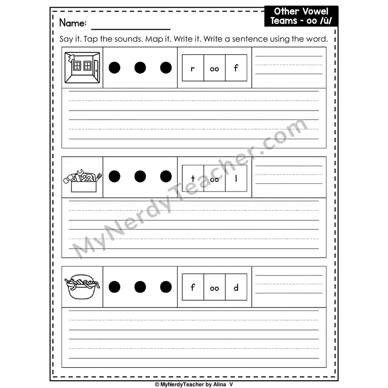 Vowel Team OO (Long Sound) Writing Worksheet — Sound Map and Write a Sentence