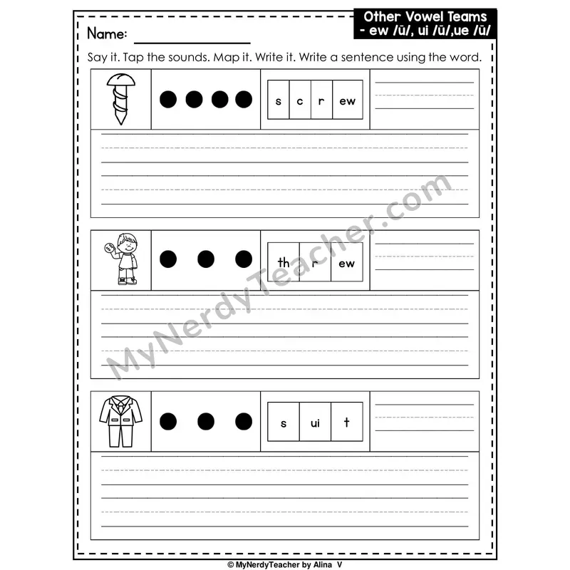 Vowel Teams EW, UI, UE Writing Worksheet — Sound Map and Write a Sentence