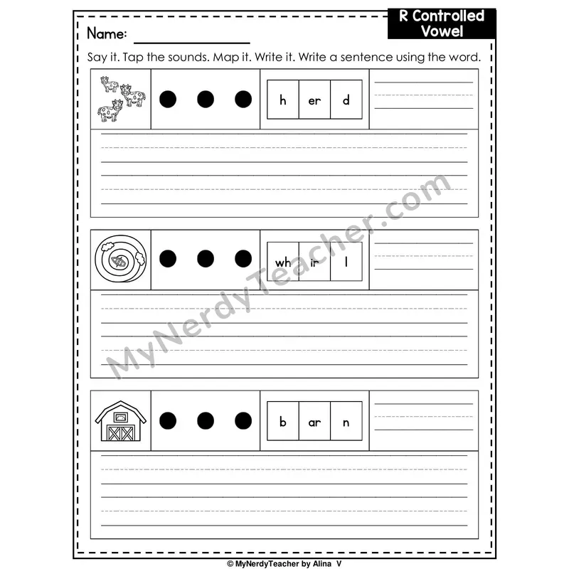 R-Controlled Vowels (Mixed Review) Writing Worksheet — Sound Map and Write a Sentence