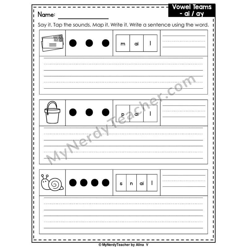 Vowel Teams AI and AY Writing Worksheet — Sound Map and Write a Sentence