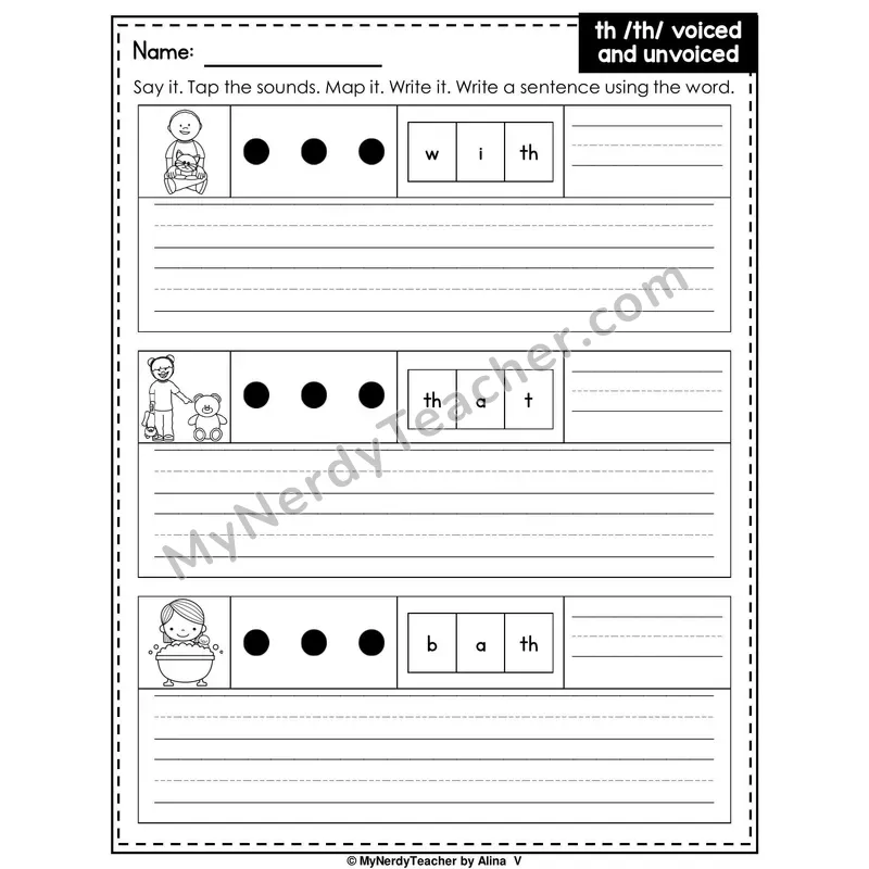 Digraph TH (Voiced and Unvoiced) Writing Worksheet — Sound Map and Write a Sentence