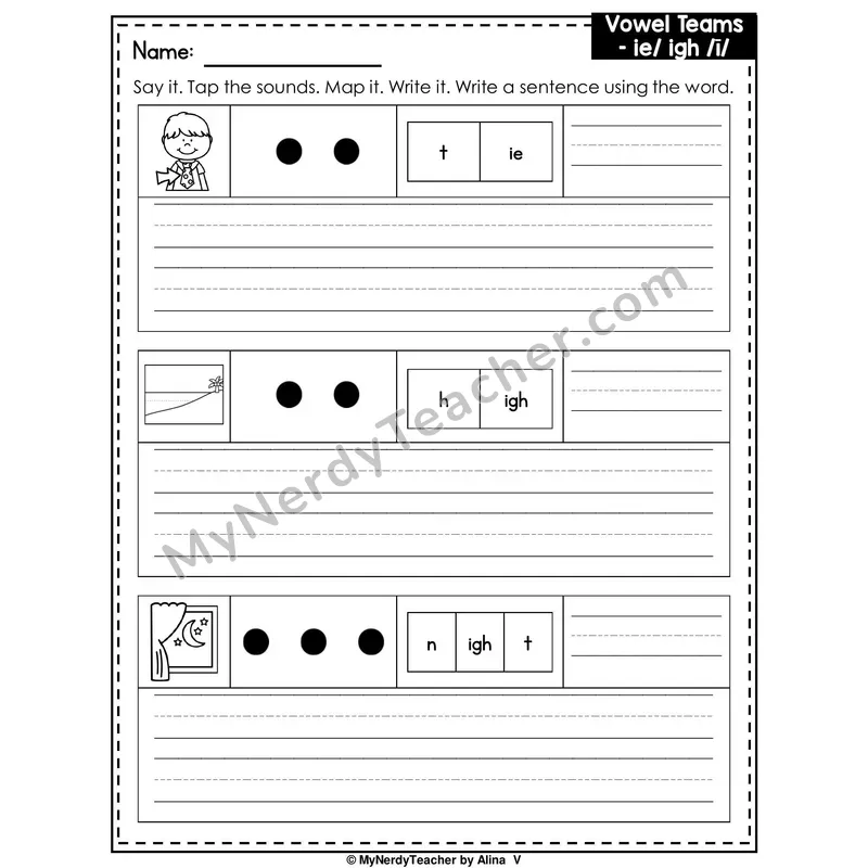 Vowel Teams IE and IGH Writing Worksheet — Sound Map and Write a Sentence