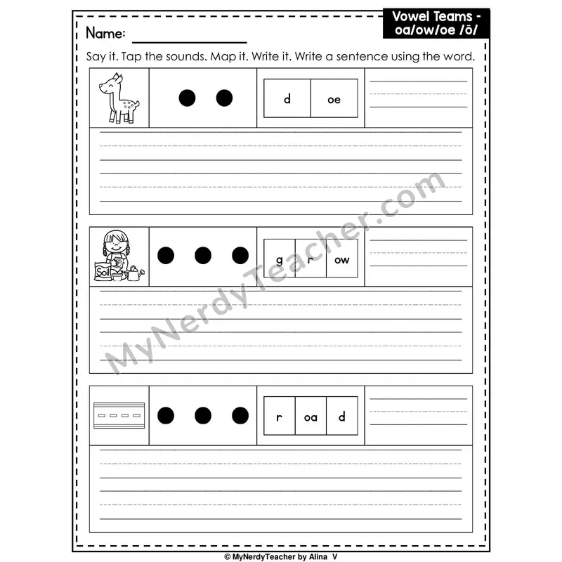 Vowel Teams OA, OW, OE Writing Worksheet — Sound Map and Write a Sentence