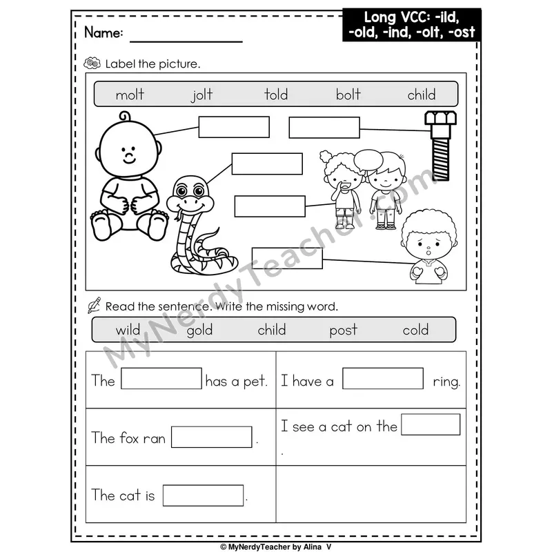 Long VCC Patterns (-ild, -old, -ind, -olt, -ost) Writing Worksheet — Label the Picture and Fill in the Blank