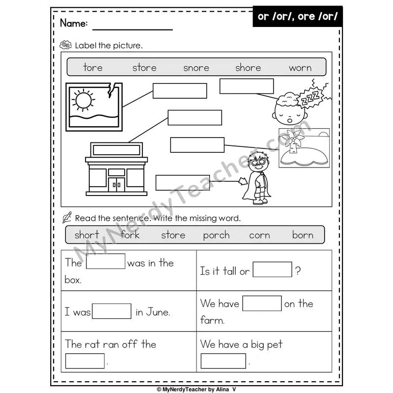 R-Controlled Vowel OR (or, ore) Writing Worksheet — Label the Picture and Fill in the Blank