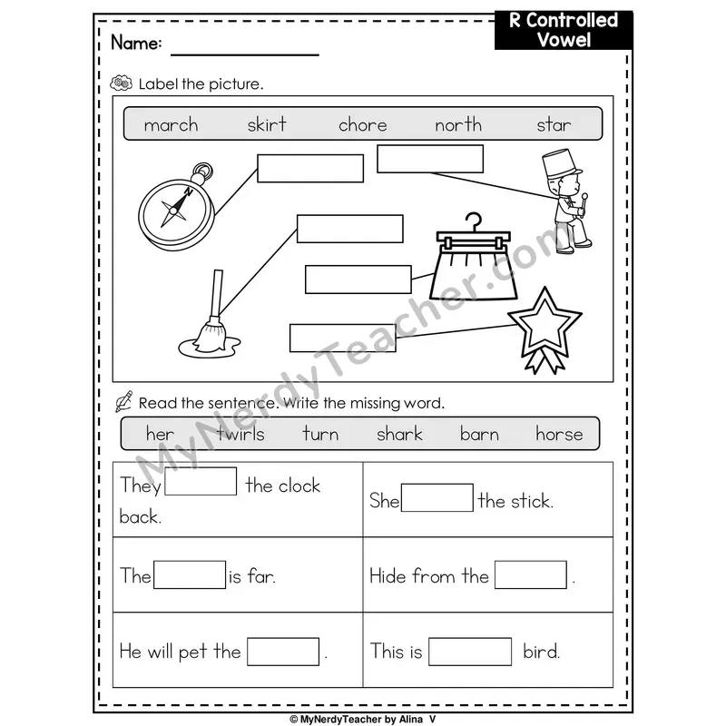 R-Controlled Vowels (Mixed Review) Writing Worksheet — Label the Picture and Fill in the Blank