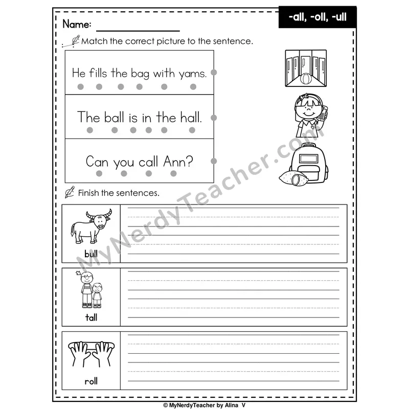 Glued Sounds -all, -oll, -ull Writing Worksheet — Match and Finish the Sentence
