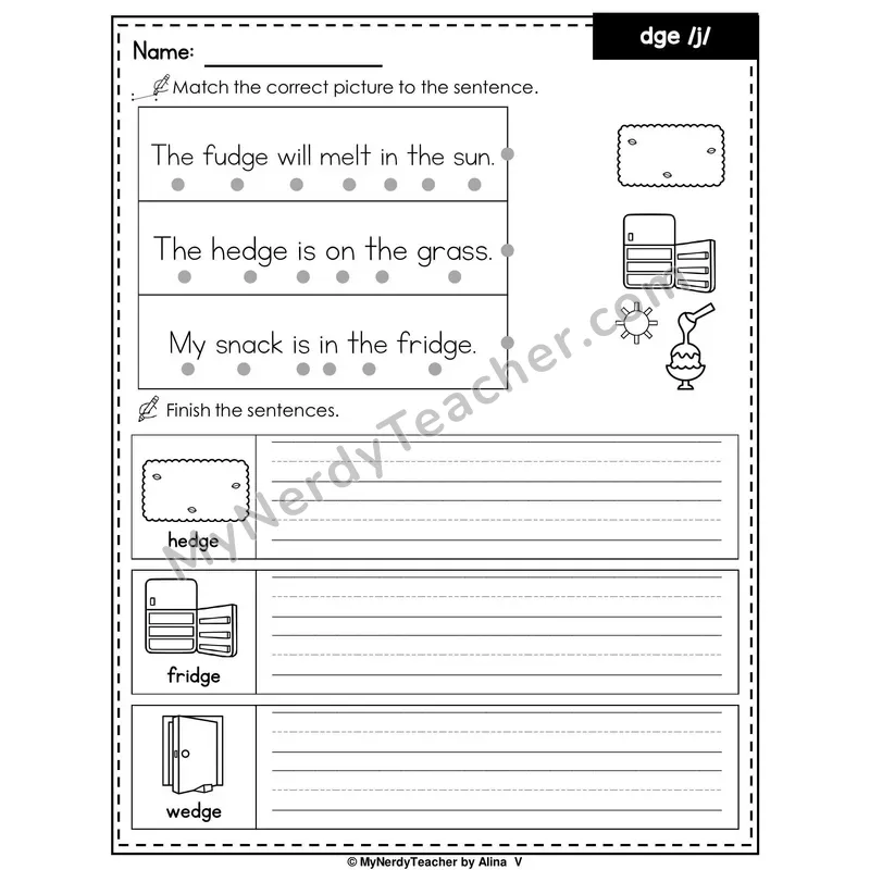 DGE Trigraph (/j/ Ending) Writing Worksheet — Match and Finish the Sentence
