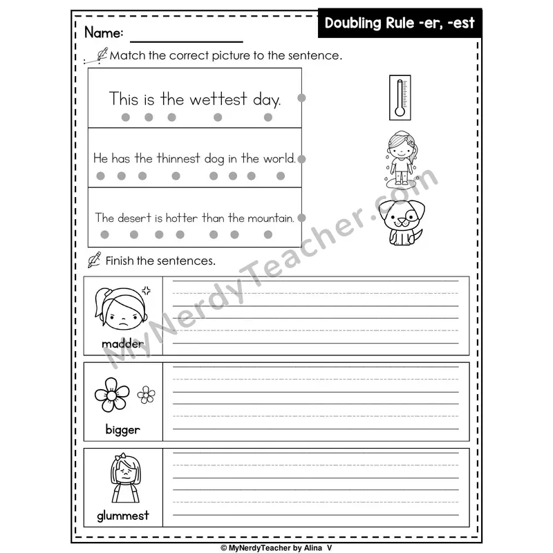 Doubling Rule (-er, -est) Writing Worksheet — Match and Finish the Sentence