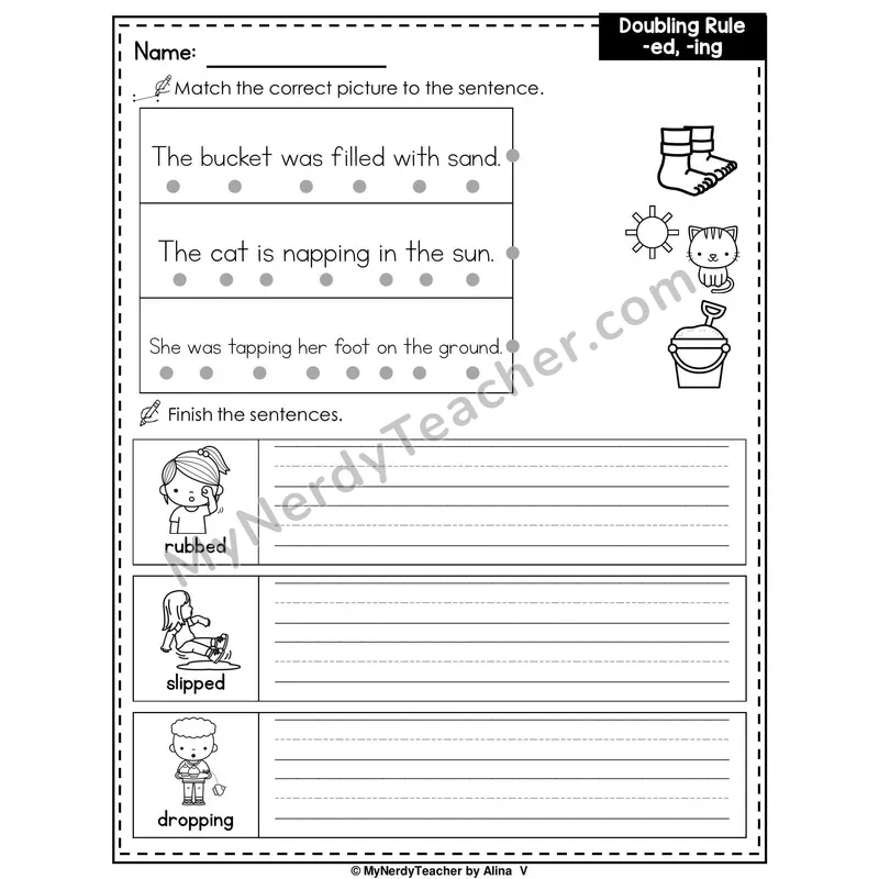 Doubling Rule (-ed, -ing) Writing Worksheet — Match and Finish the Sentence