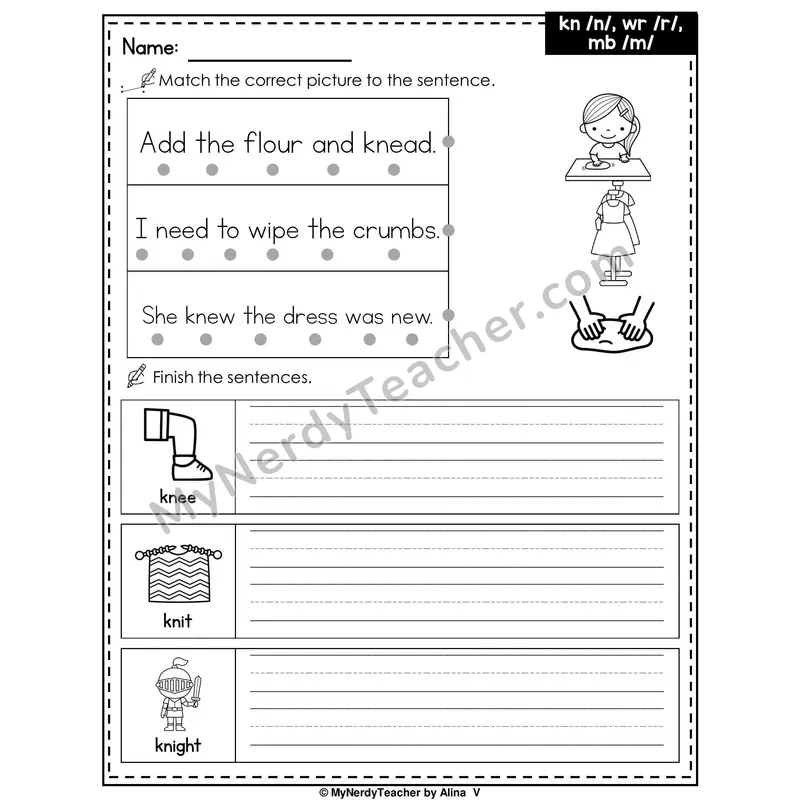 Silent Letters KN, WR, MB Writing Worksheet — Match and Finish the Sentence
