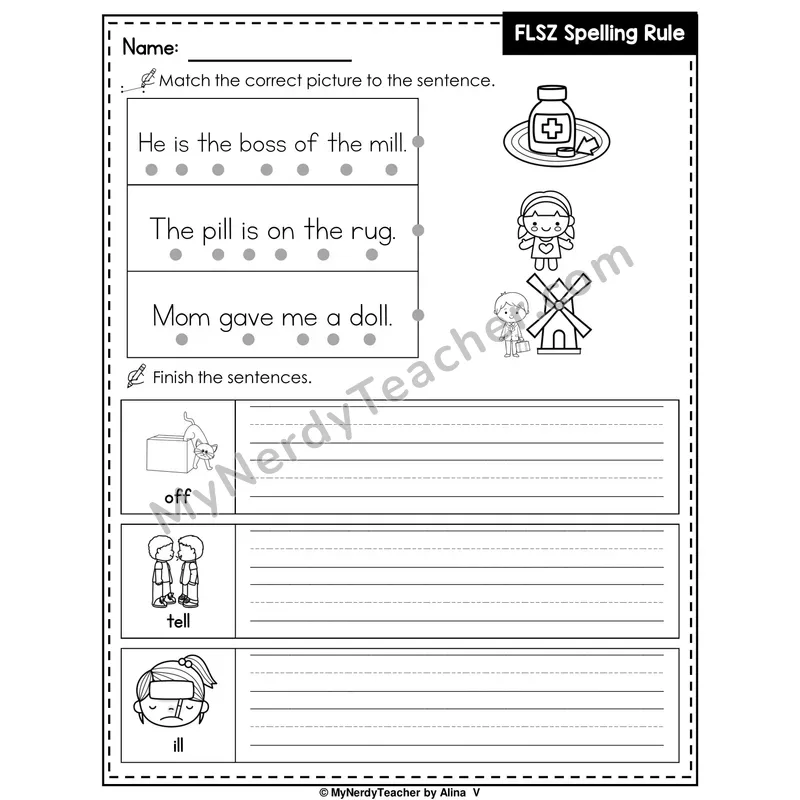 FLSZ Spelling Rule (Floss Rule) Writing Worksheet — Match and Finish the Sentence