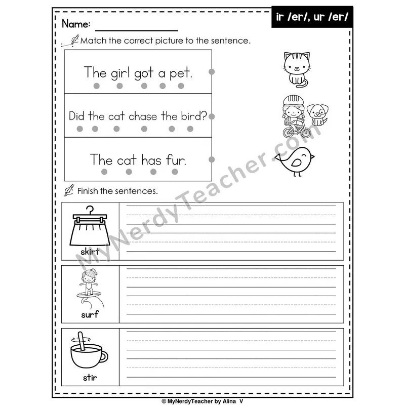 R-Controlled Vowels IR and UR Writing Worksheet — Match and Finish the Sentence