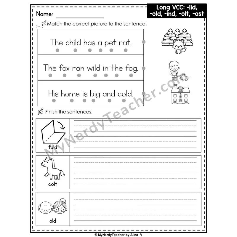 Long VCC Patterns (-ild, -old, -ind, -olt, -ost) Writing Worksheet — Match and Finish the Sentence