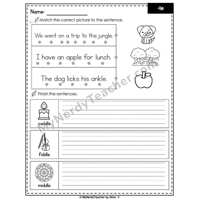 Final Stable Syllable -le Writing Worksheet — Match and Finish the Sentence