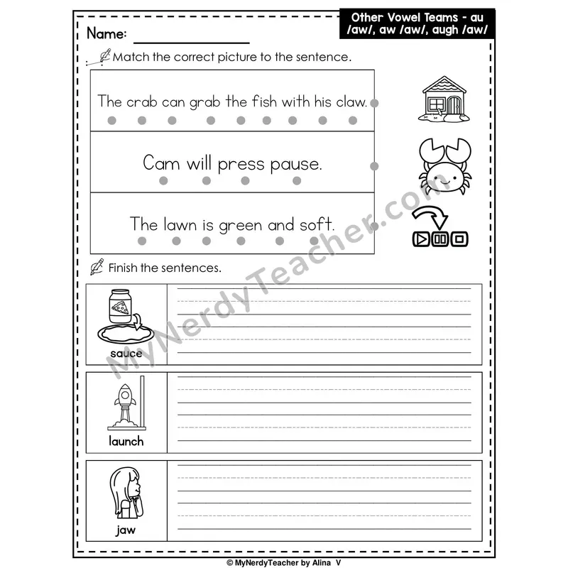 Vowel Teams AU, AW, AUGH Writing Worksheet — Match and Finish the Sentence