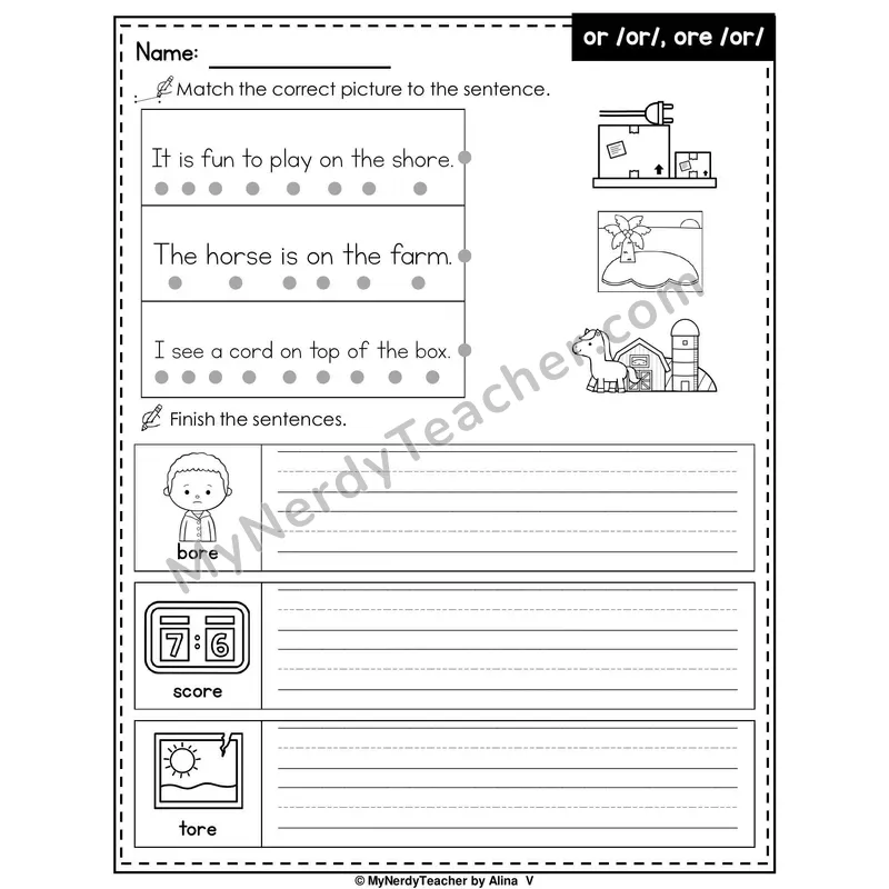R-Controlled Vowel OR (or, ore) Writing Worksheet — Match and Finish the Sentence