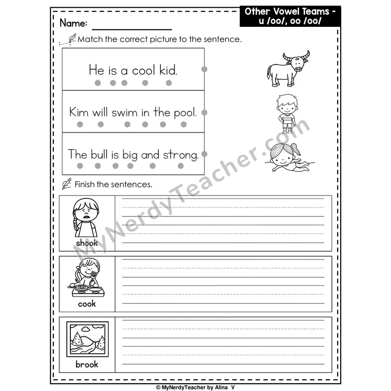 Vowel Team OO (Short Sound) Writing Worksheet — Match and Finish the Sentence