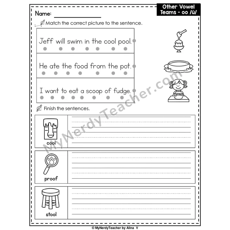 Vowel Team OO (Long Sound) Writing Worksheet — Match and Finish the Sentence
