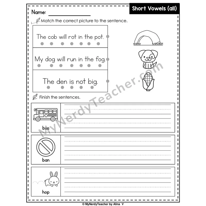 Short Vowels (Mixed Review) Writing Worksheet — Match and Finish the Sentence