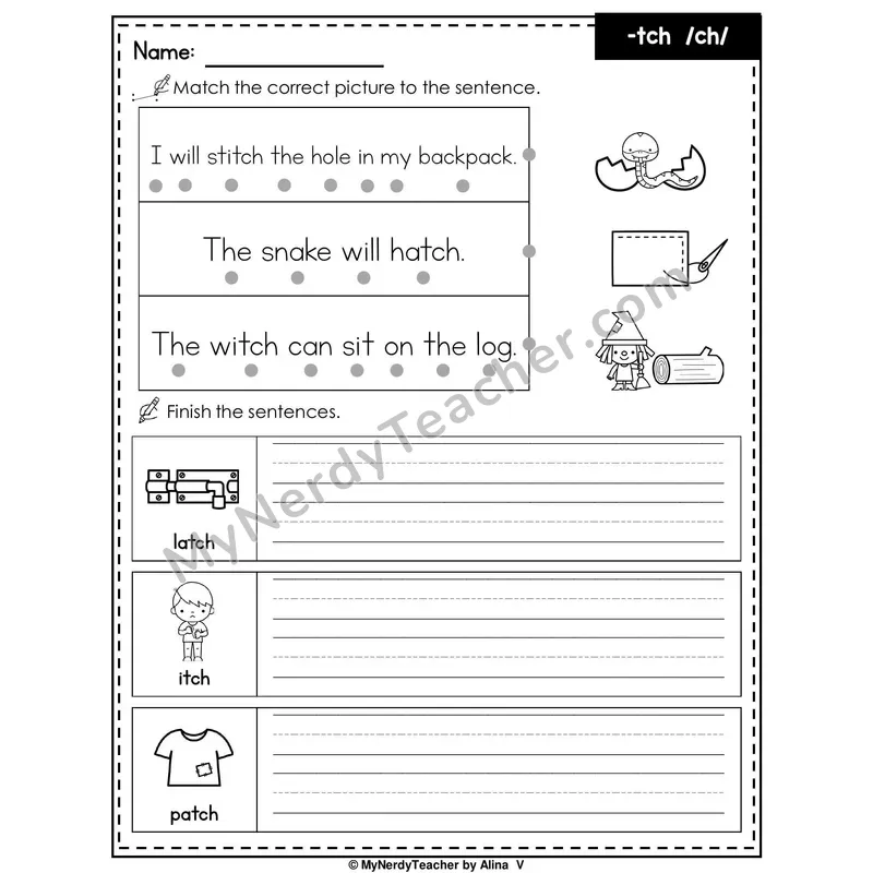 TCH Trigraph (/ch/ Ending) Writing Worksheet — Match and Finish the Sentence