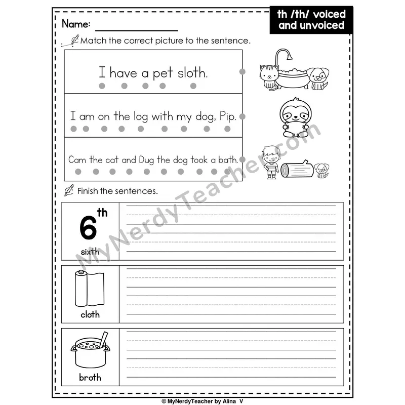 Digraph TH (Voiced and Unvoiced) Writing Worksheet — Match and Finish the Sentence