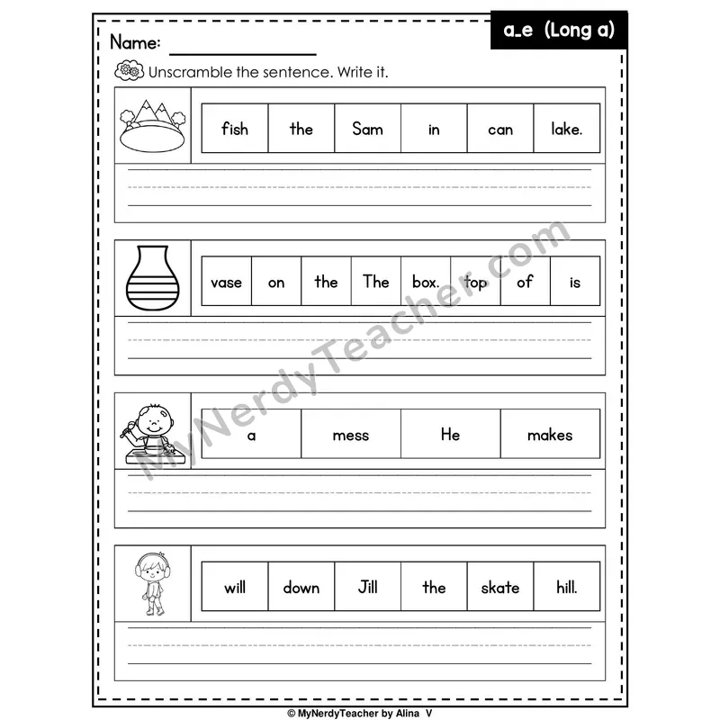 Long A (a_e Silent E) Writing Worksheet — Unscramble and Write the Sentence