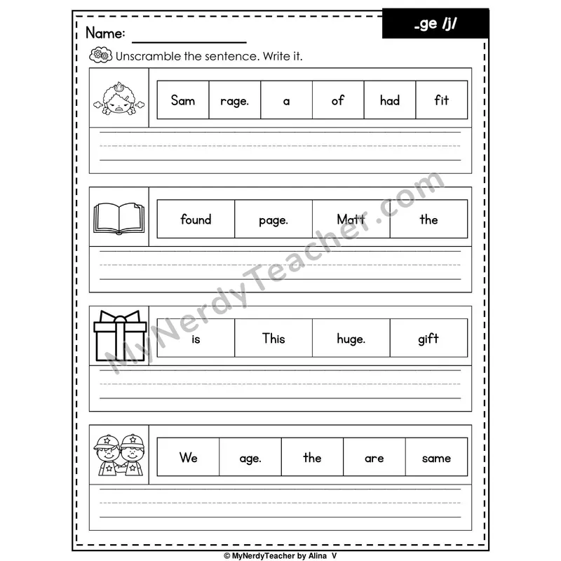 Soft G (_ge) Writing Worksheet — Unscramble and Write the Sentence