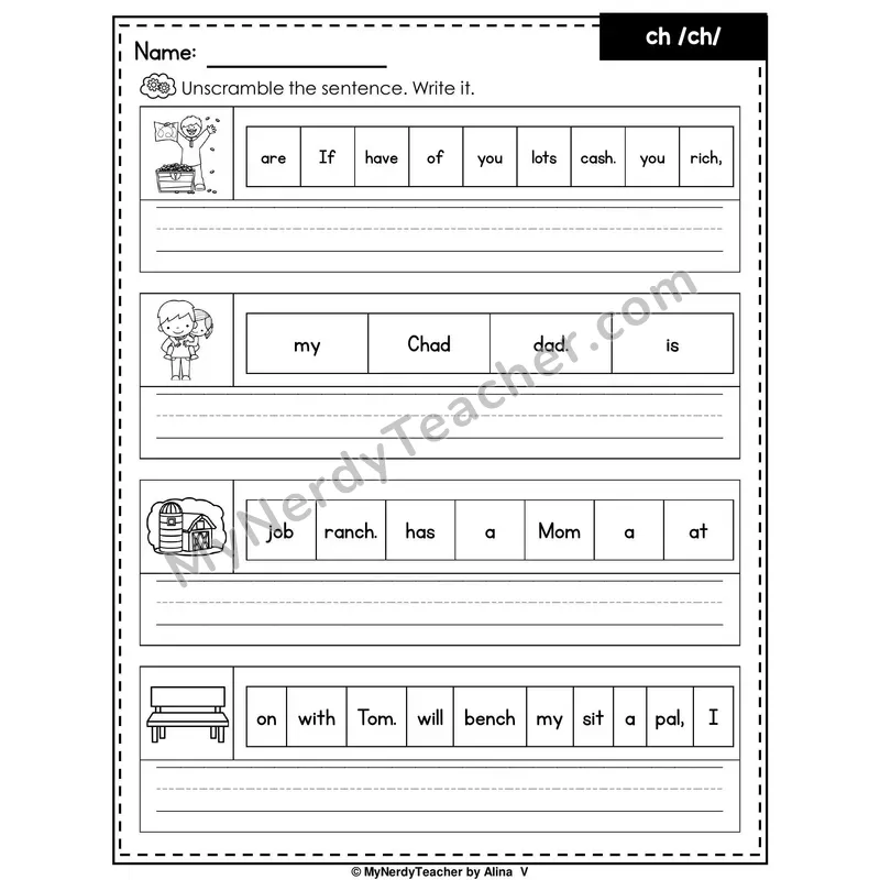 Digraph CH Writing Worksheet — Unscramble and Write the Sentence