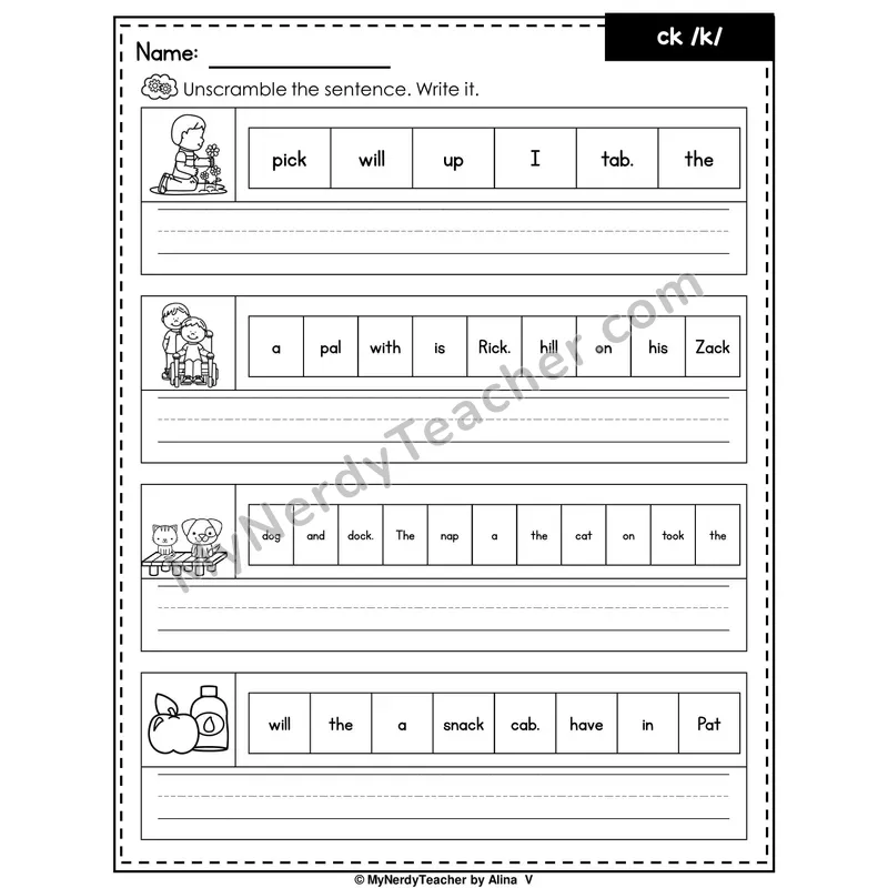 Digraph CK Writing Worksheet — Unscramble and Write the Sentence