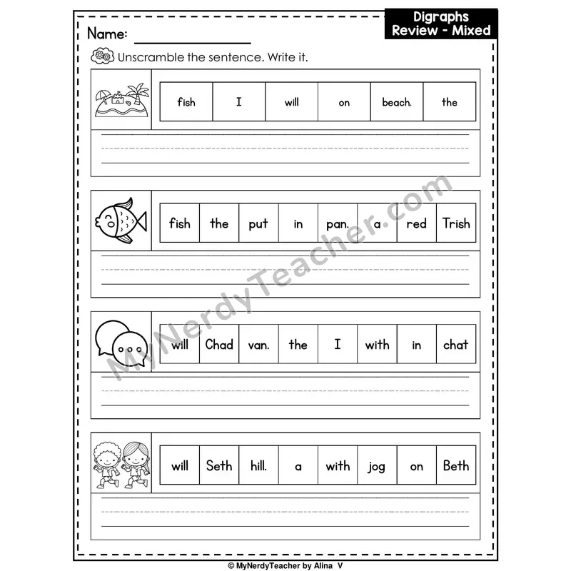 Digraphs Review (Mixed) Writing Worksheet — Unscramble and Write the Sentence