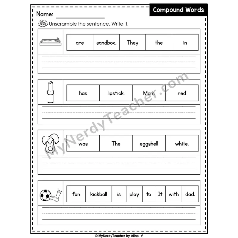 Compound Words Writing Worksheet — Unscramble and Write the Sentence