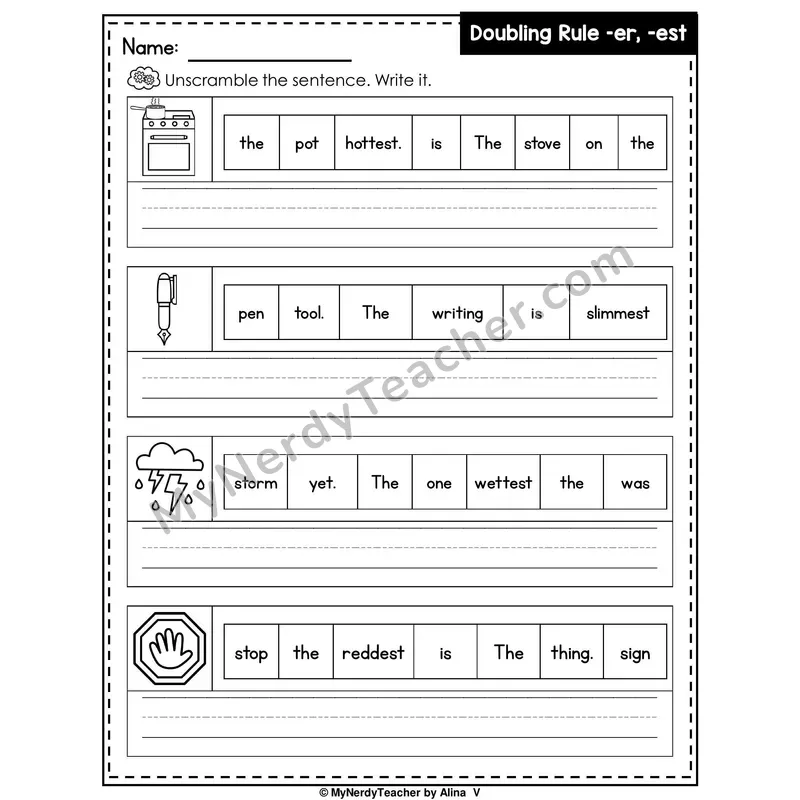 Doubling Rule (-er, -est) Writing Worksheet — Unscramble and Write the Sentence