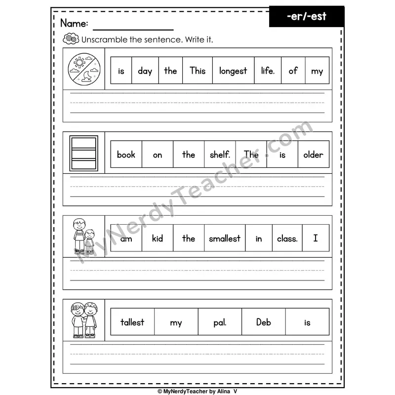 Suffixes -er and -est Writing Worksheet — Unscramble and Write the Sentence