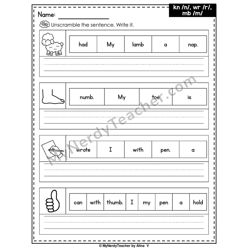Silent Letters KN, WR, MB Writing Worksheet — Unscramble and Write the Sentence