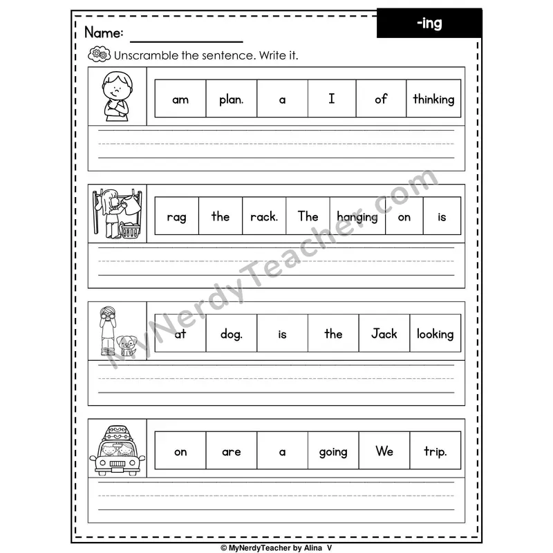 Suffix -ing Writing Worksheet — Unscramble and Write the Sentence