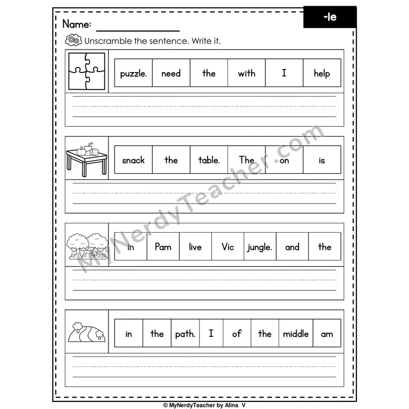 Final Stable Syllable -le Writing Worksheet — Unscramble and Write the Sentence