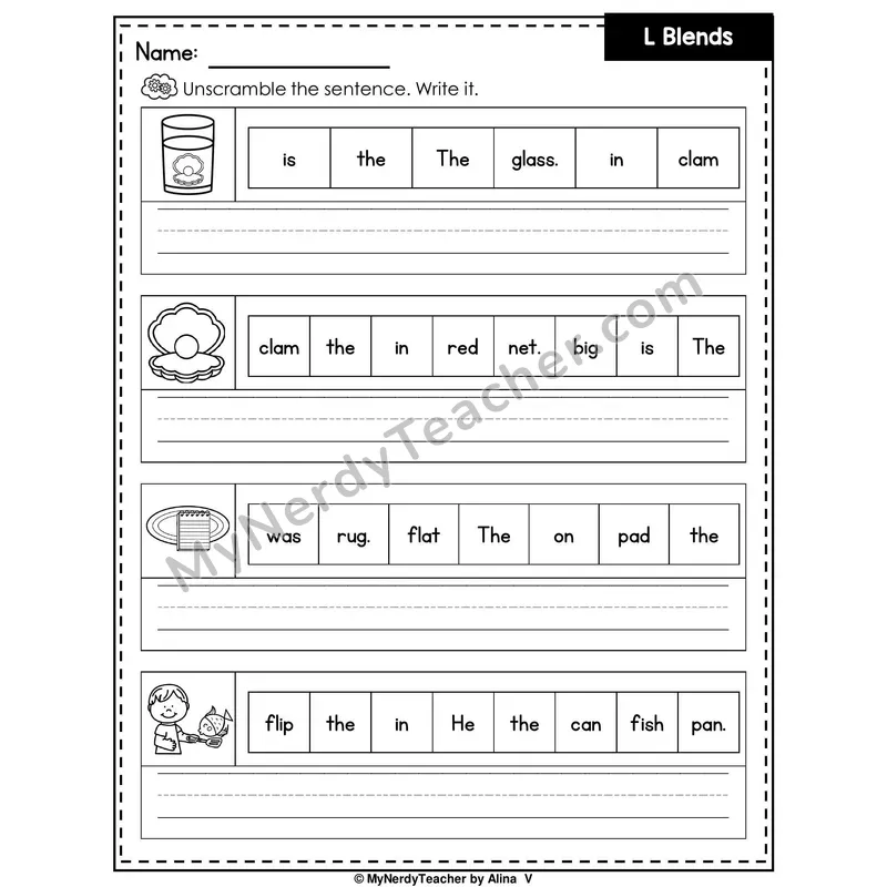 L Blends Writing Worksheet — Unscramble and Write the Sentence