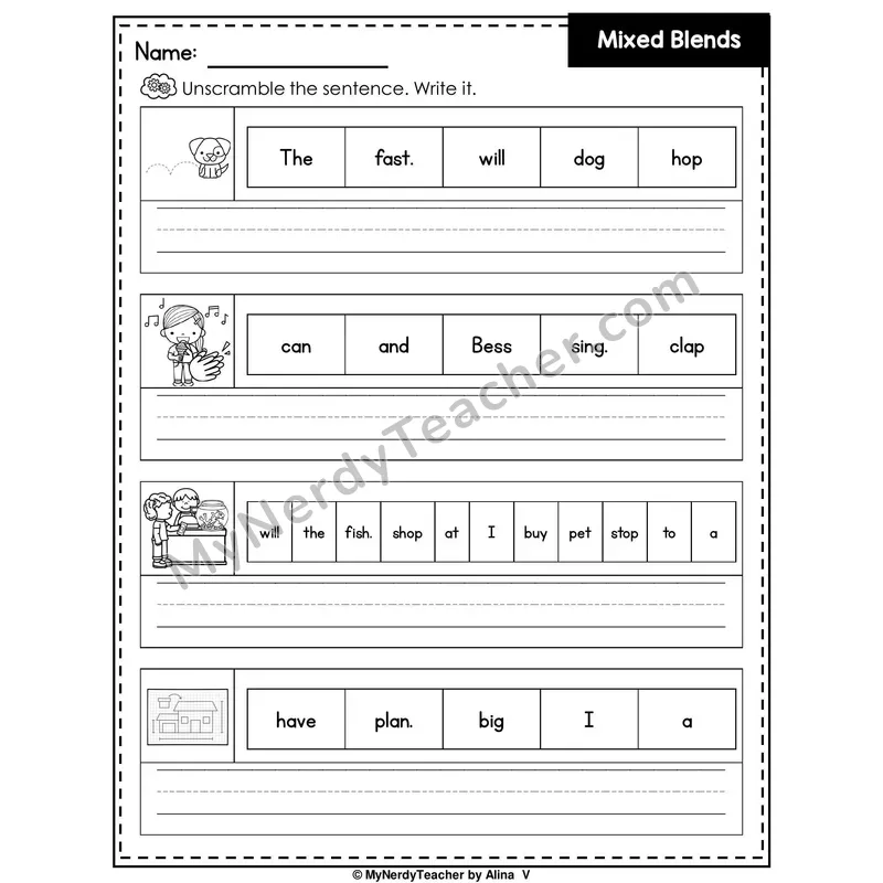 Mixed Beginning Blends Writing Worksheet — Unscramble and Write the Sentence