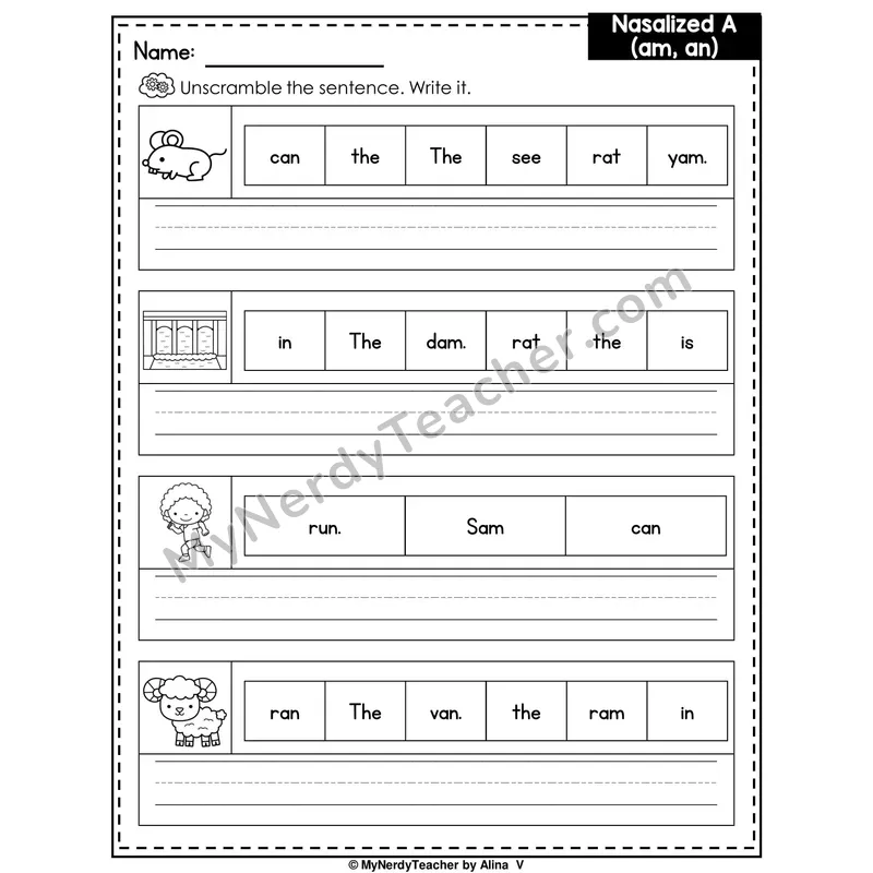 Nasalized A (am, an) Writing Worksheet — Unscramble and Write the Sentence