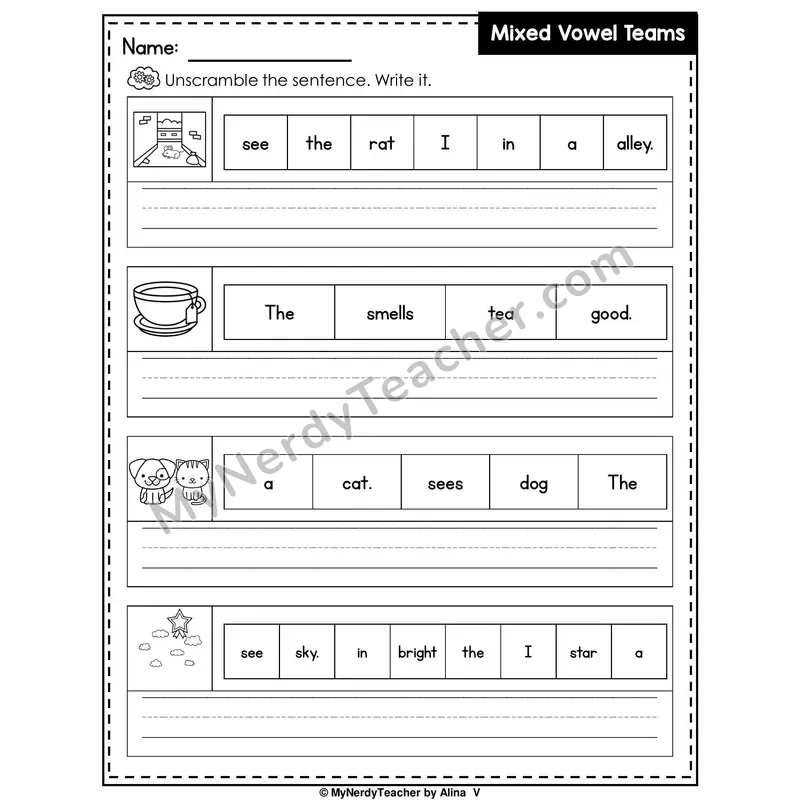 Mixed Vowel Teams Writing Worksheet — Unscramble and Write the Sentence
