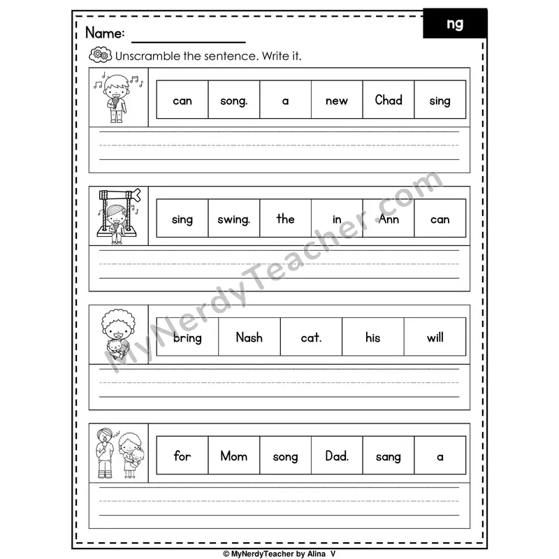 Digraph NG Writing Worksheet — Unscramble and Write the Sentence
