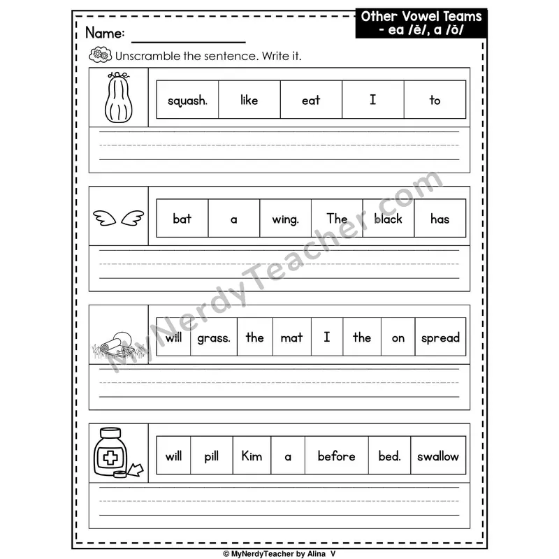 Vowel Team EA (Short E Sound) and A Writing Worksheet — Unscramble and Write the Sentence