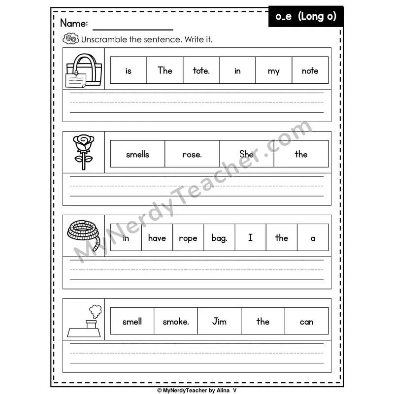 Long O (o_e Silent E) Writing Worksheet — Unscramble and Write the Sentence