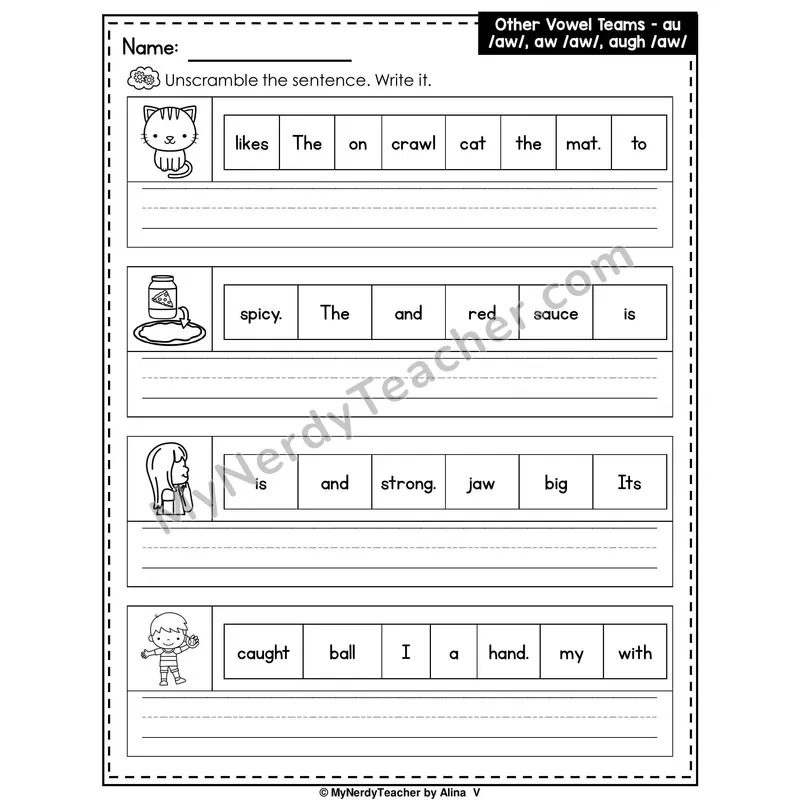 Vowel Teams AU, AW, AUGH Writing Worksheet — Unscramble and Write the Sentence
