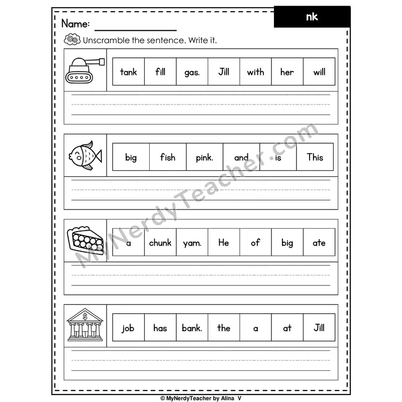 Digraph NK Writing Worksheet — Unscramble and Write the Sentence
