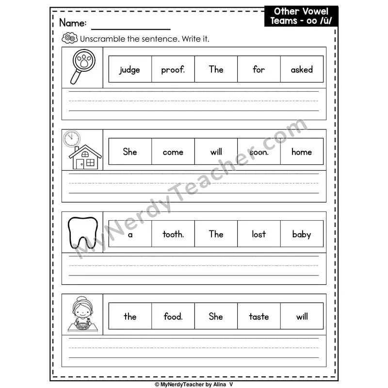 Vowel Team OO (Long Sound) Writing Worksheet — Unscramble and Write the Sentence