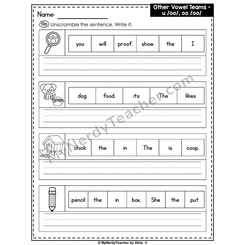 Vowel Team OO (Short Sound) Writing Worksheet — Unscramble and Write the Sentence