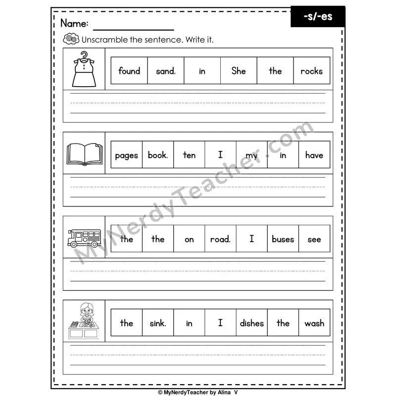 Suffixes -s and -es Writing Worksheet — Unscramble and Write the Sentence